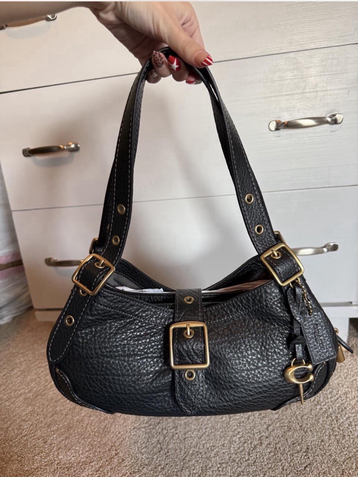 Coach Black Drifter 31 Textured Handle Shoulder Bag Gold Hardware Bag Charm Coach Black Drifter 31 Textured Handle Shoulder Bag Gold Hardware Bag Charm