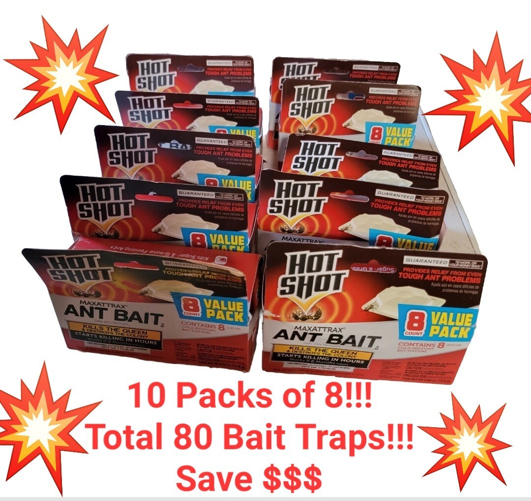 80 Pcs LOT OF 10 Hot Shot Best Ant Bait Kills Queen Colony Value Pack of 8 MAX
