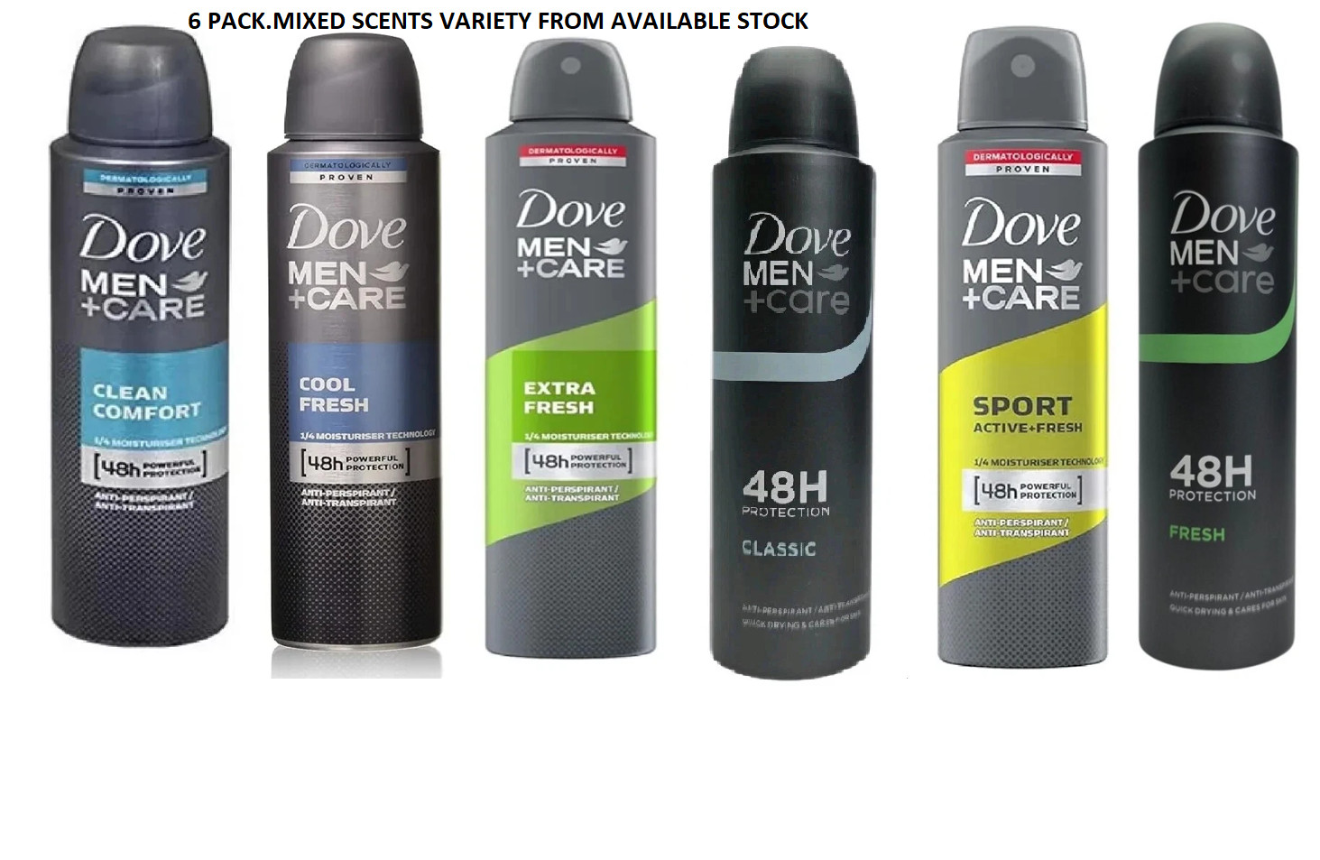 6 PACK Dove Men Body Spray Deodorant (6X150ml, Mix within the available kinds)