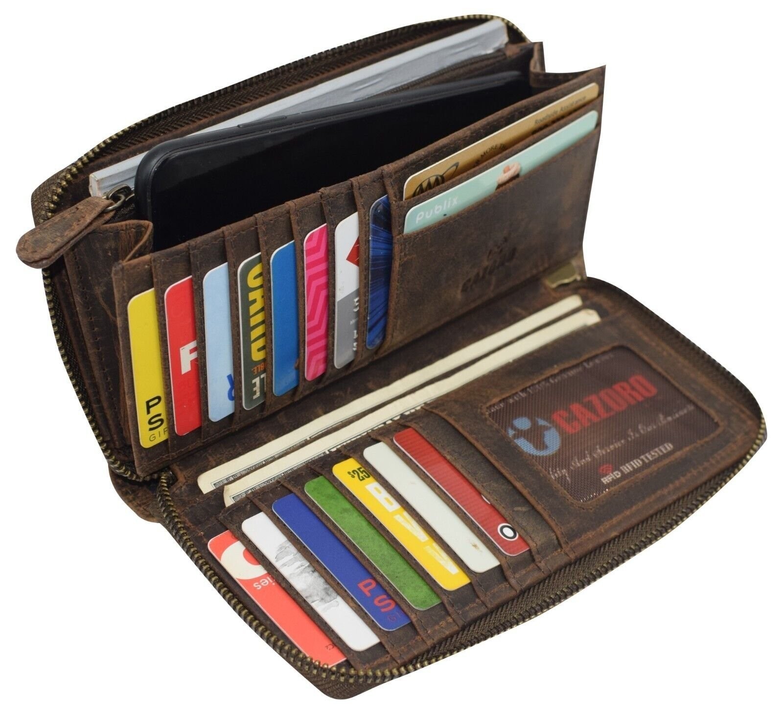 Vintage Leather Women\'s Wallet RFID Zip Around Card Holder Phone Wristlet Clutch