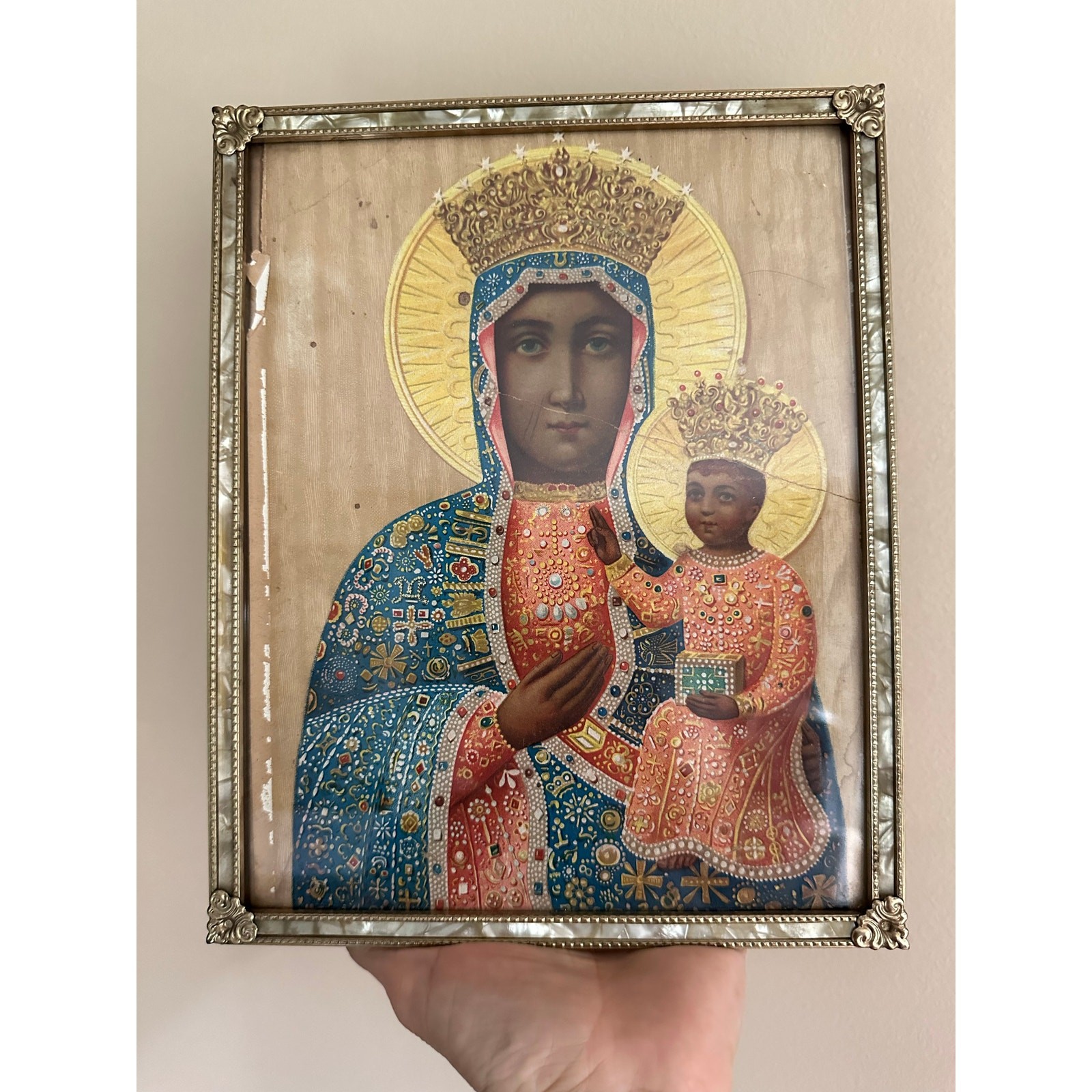 Vintage Our Lady Of Czestochowa Black Virgin Mary Madonna w/ baby framed 10x8” 