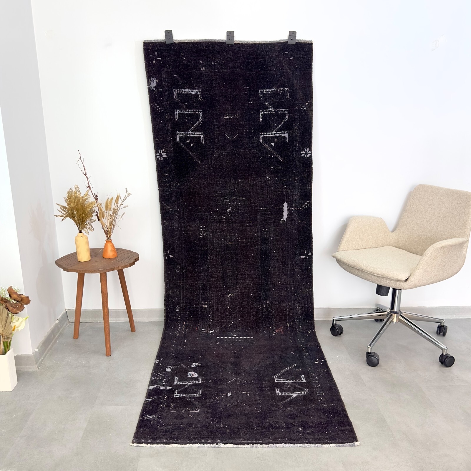 3x8 Vintage Turkish Rug Runner, Handmade Wool Rug, Oushak Rug, Black Navy Blue