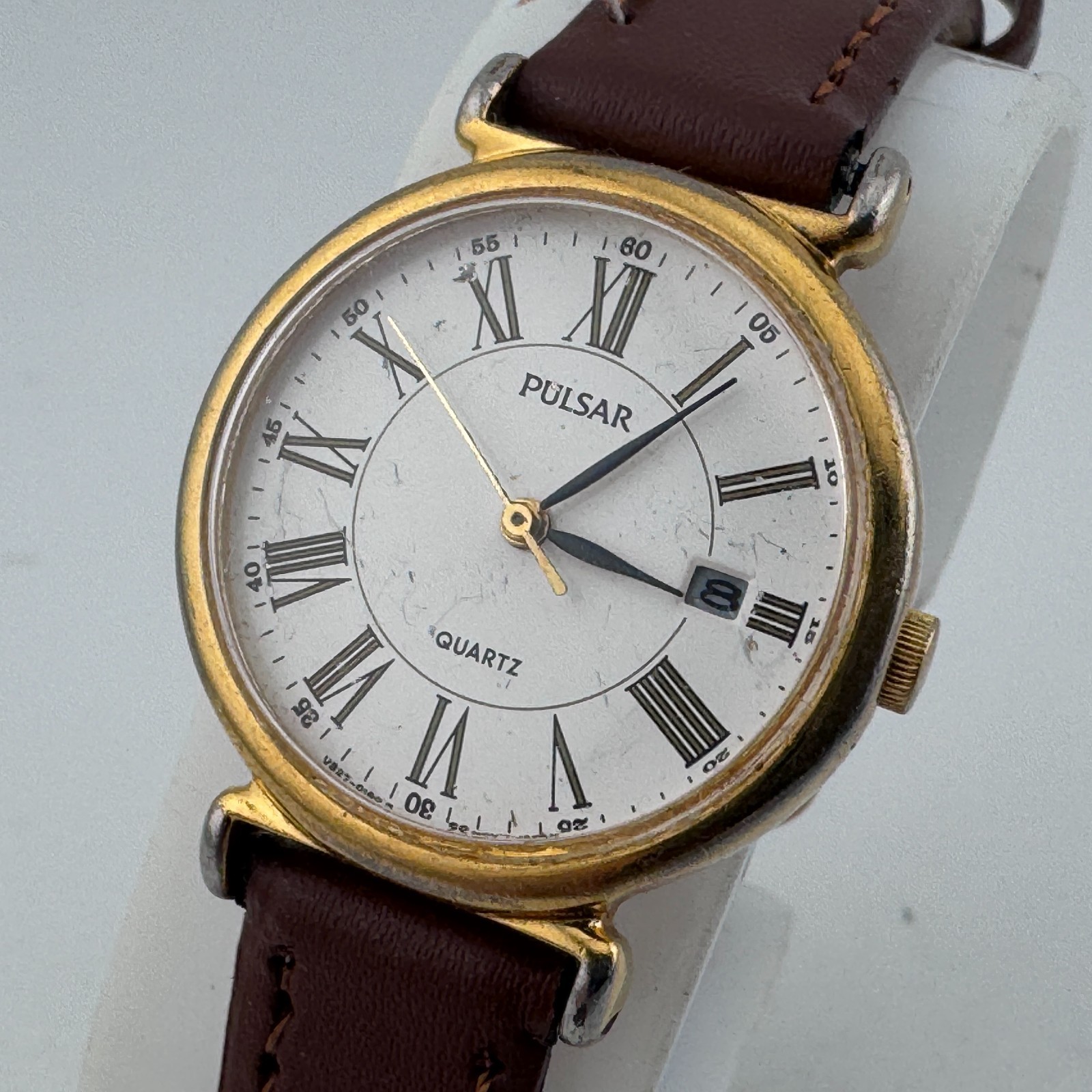 VTG Pulsar Quartz Watch V827-0090 Women Gold Tone Date Roman Leather New Battery