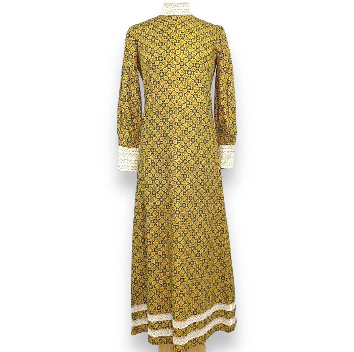 Vintage 60s Handmade Mandala Print Maxi Dress Long Sleeve Gown Lace Trim Hippie