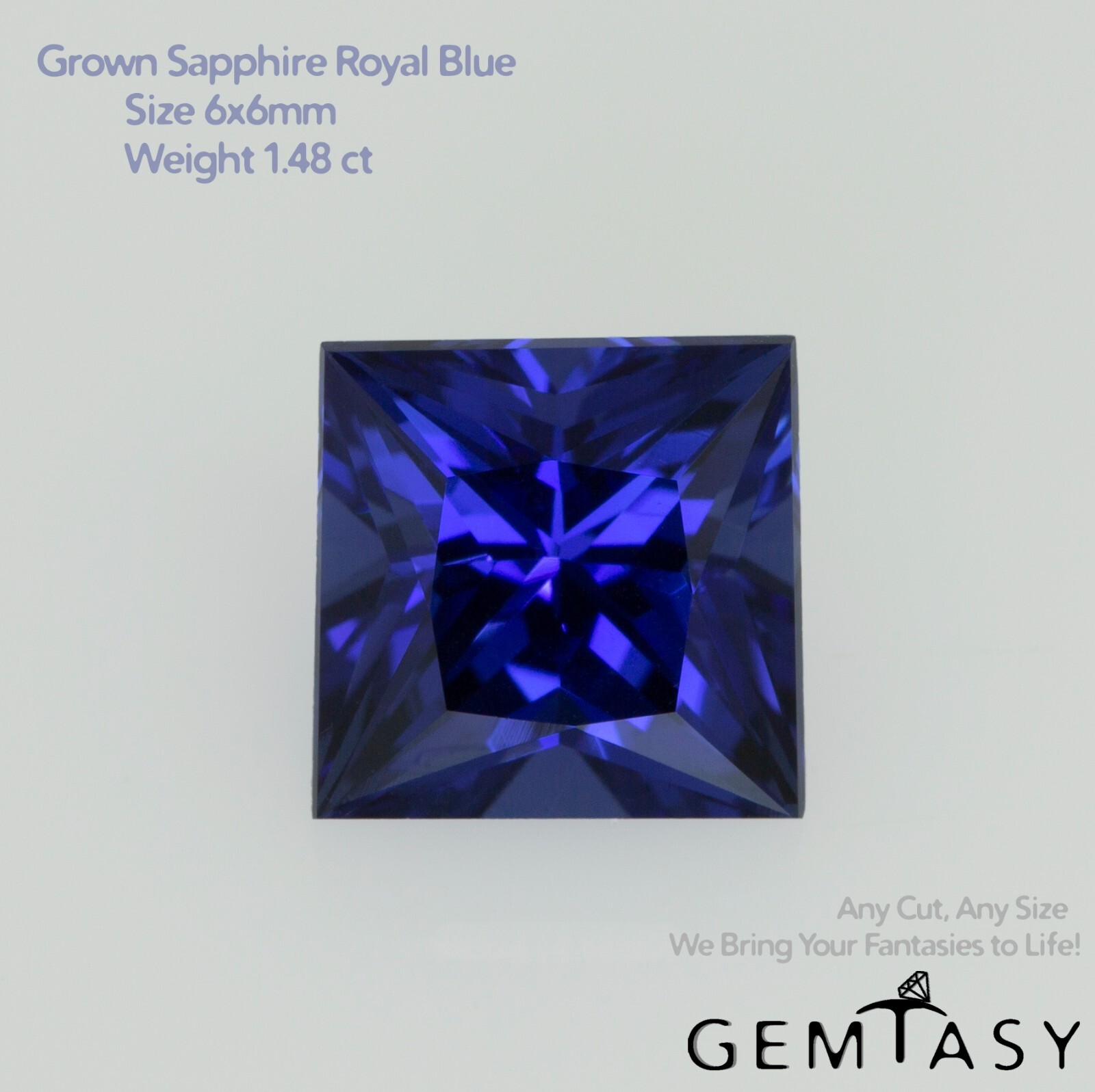 Cut stone - Sapphire Royal Blue Czochralski (Pulled) lab grown, Princess 1.48ct
