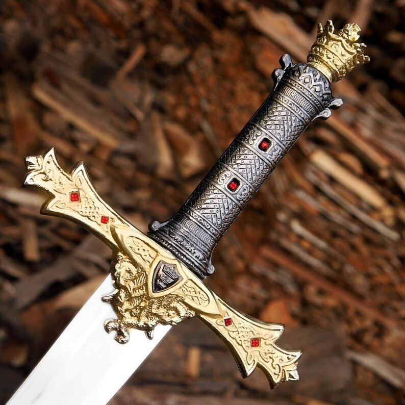 King Arthur Excalibur Sword Handmade Gold Medieval Templar Knight LOTR W Sheath King Arthur Excalibur Sword Handmade Gold Medieval Templar Knight LOTR W Sheath
