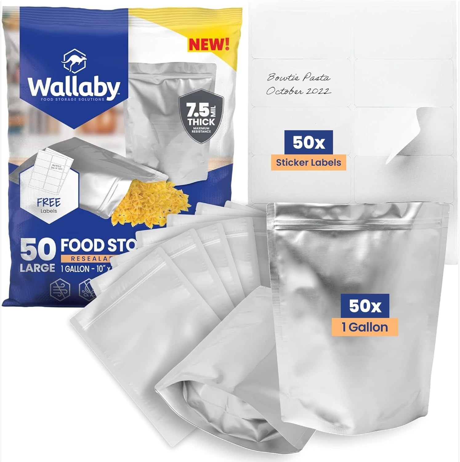 Wallaby 50 Count 1-Gallon Gusset Mylar Bags with Label 15 Mil Total 14x10 Silver
