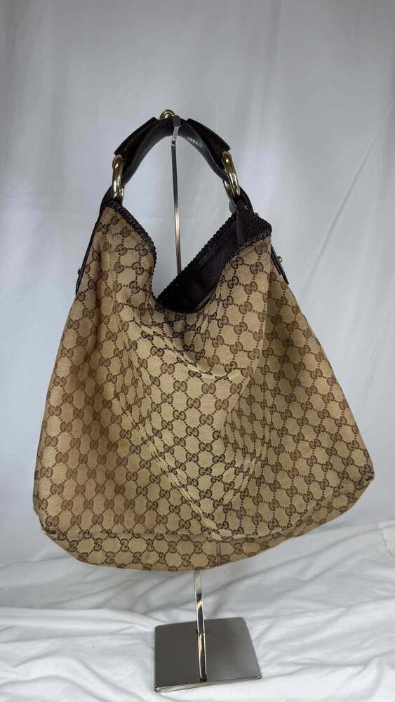 Gucci Vintage Beige GG Monogram Canvas Large Horsebit Hobo Bag SPB- SH 372961