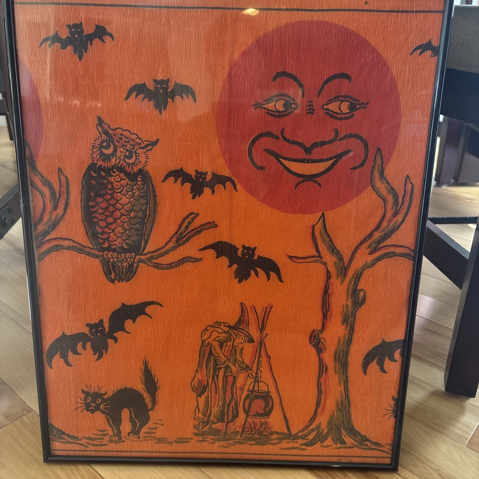 Vintage 40s Antique Halloween Witch Owl Moon Crepe Paper Framed 16x20” Denison? Vintage 40s Antique Halloween Witch Owl Moon Crepe Paper Framed 16x20” Denison?
