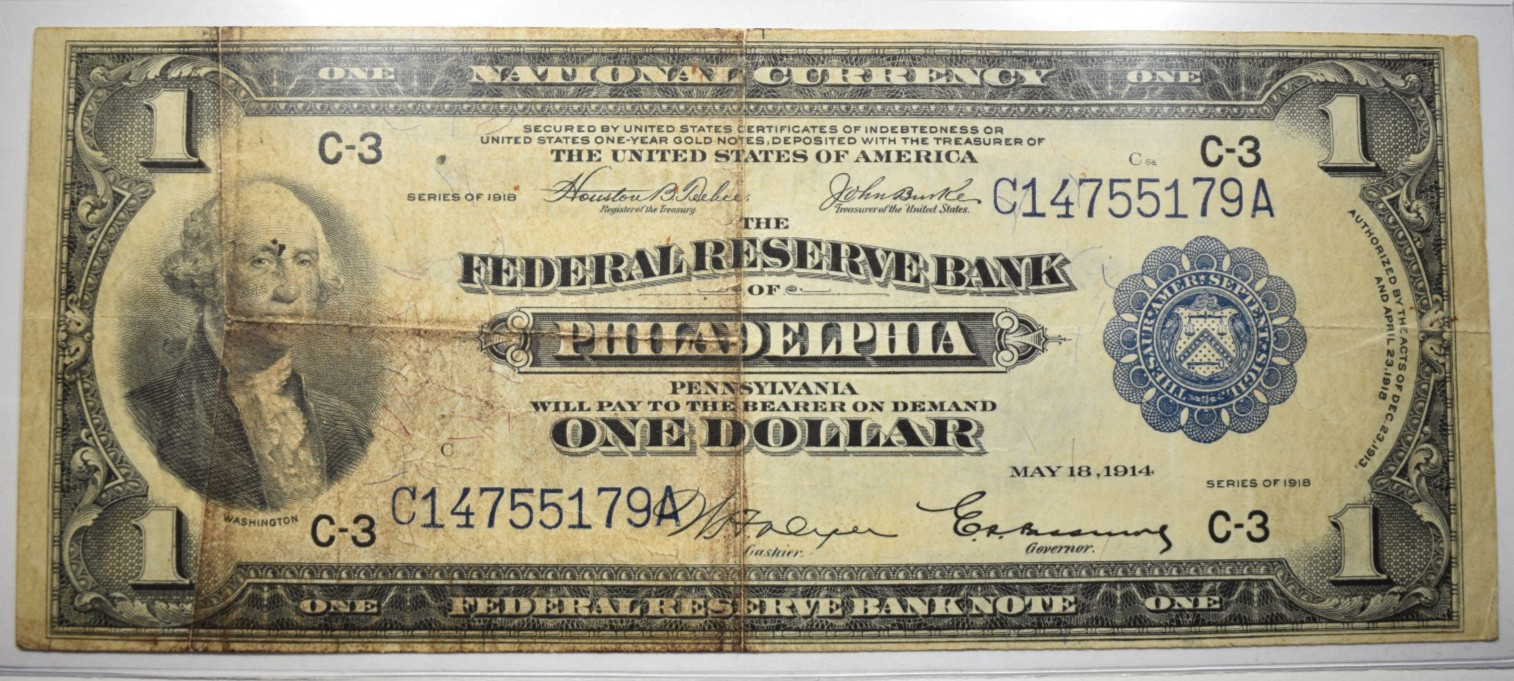 1918 $1 FRBN FEDERAL RESERVE BANK NOTE GREEN EAGLE ~ PHILADELPHIA Fr#715 ~ VF 1918 $1 FRBN FEDERAL RESERVE BANK NOTE GREEN EAGLE ~ PHILADELPHIA Fr#715 ~ VF