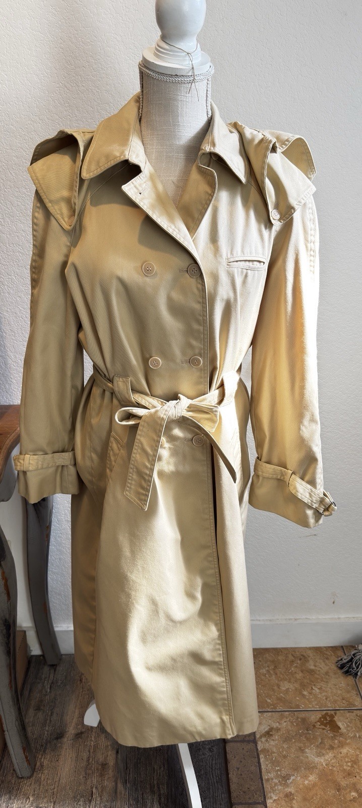 VTG 90s Utex Long Trench Coat Double Breasted Hood Beige Dark Academia Large VTG 90s Utex Long Trench Coat Double Breasted Hood Beige Dark Academia Large