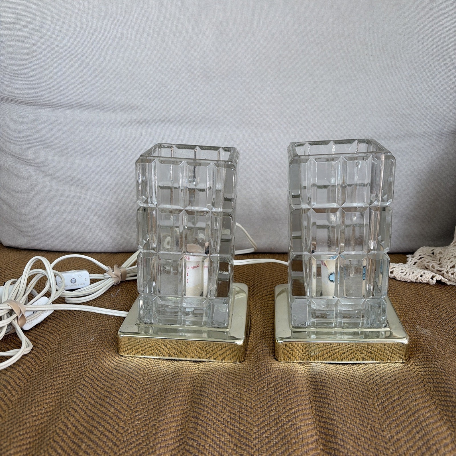 VTG 7” MCM Hollywood Regency Stacked Glass Column Cube (2) Pair Lamps Portugal VTG 7” MCM Hollywood Regency Stacked Glass Column Cube (2) Pair Lamps Portugal