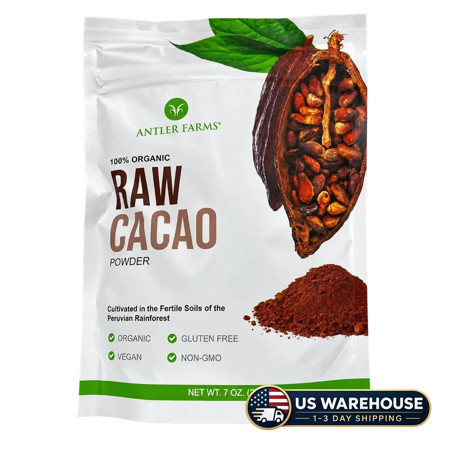 Antler Farms - 100% Pure Organic Raw Cacao Powder, 40 servings, 200g - Vegan, Gl