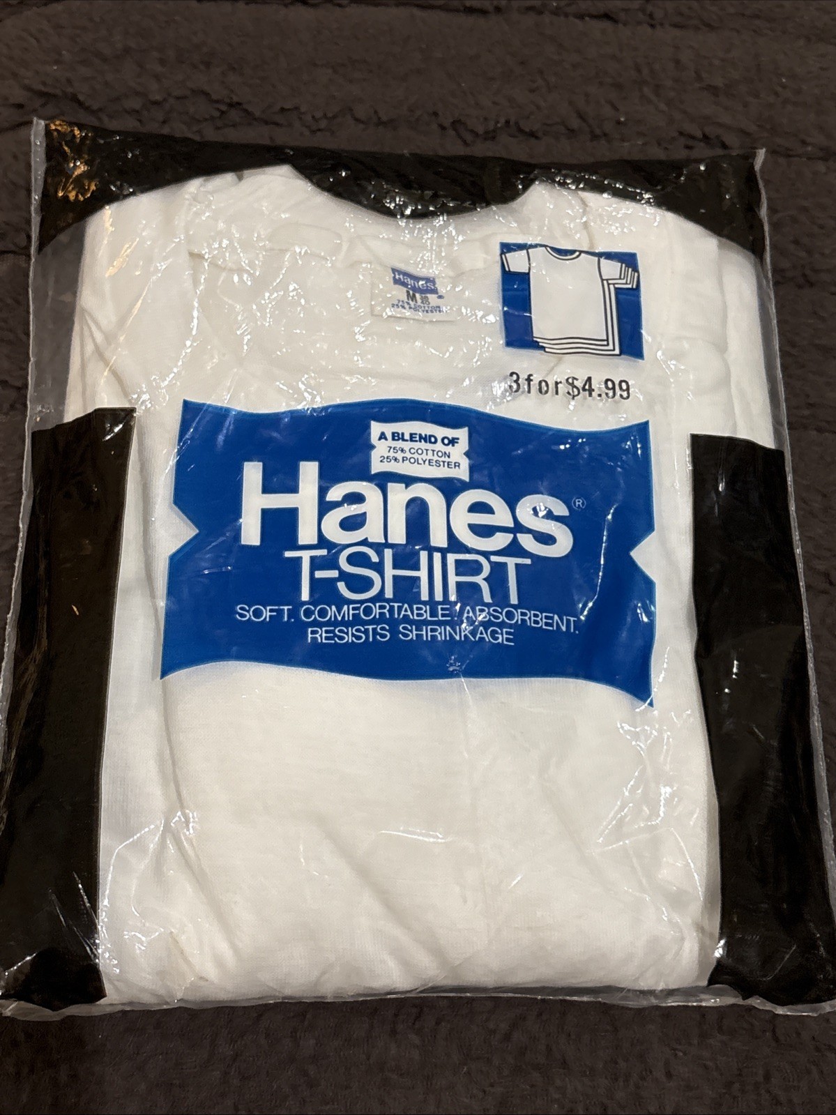 NOS 70s Hanes Men\'s Medium T-Shirt Sealed 3 Pack Cotton Polyester