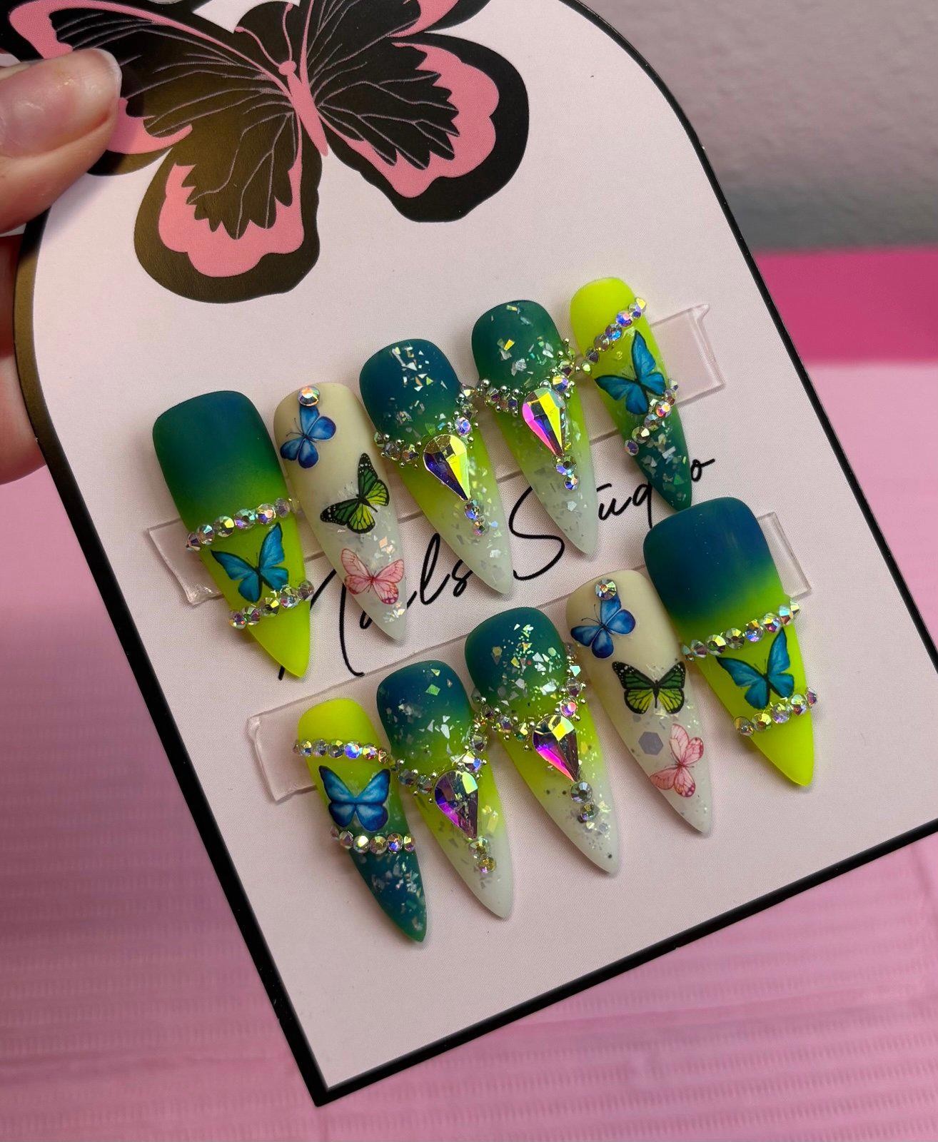 Long stiletto blue green press on nails rhinestones glitter ombré butterflies