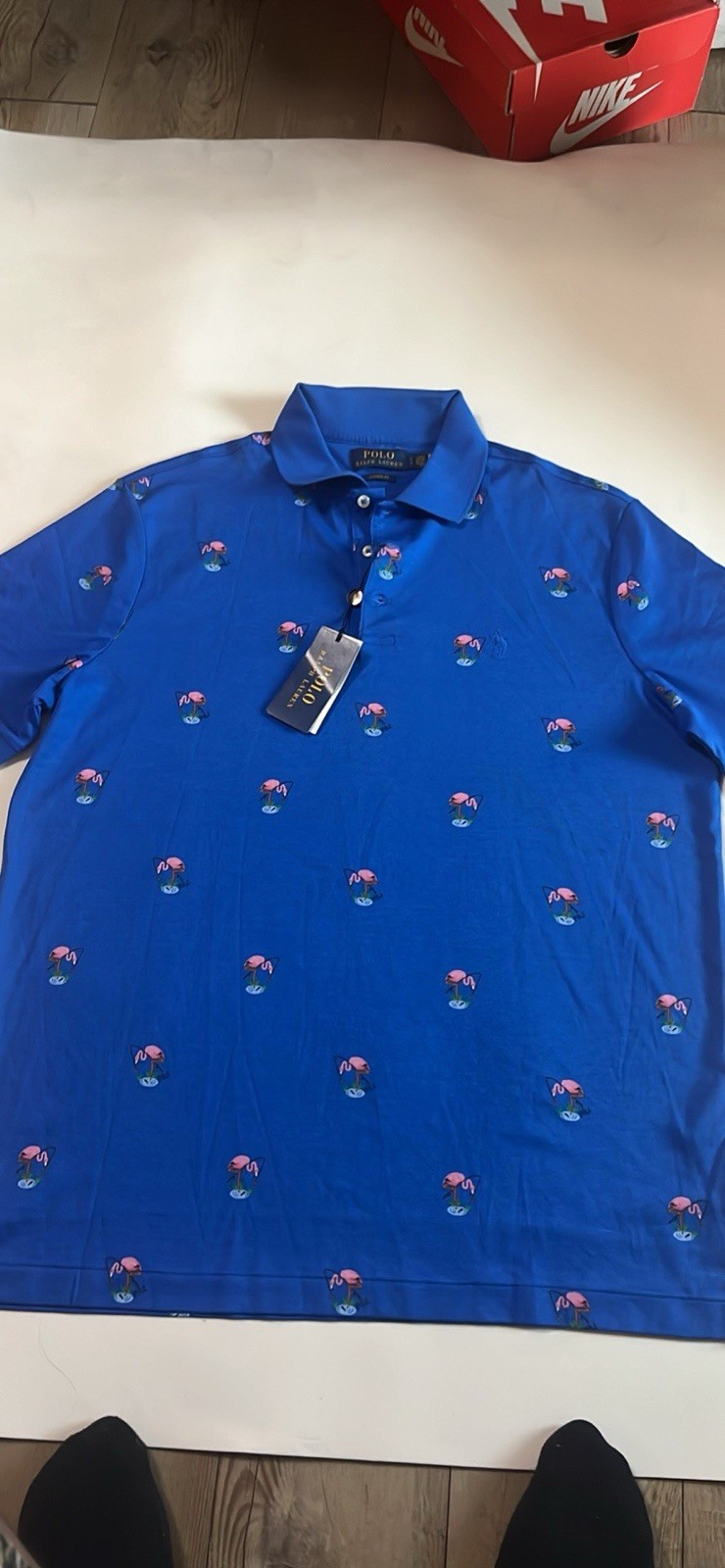 NWT Polo Ralph Lauren Blue and Pink Flamingo Print Short Sleeve Polo NWT Polo Ralph Lauren Blue and Pink Flamingo Print Short Sleeve Polo