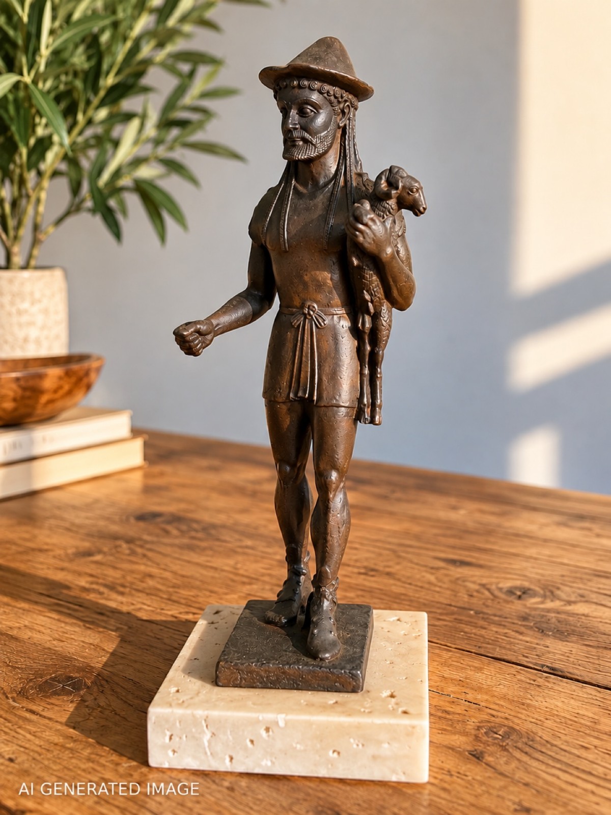 Vintage Greek Hermes Ram-Bearer Sculpture – Bronze Finish, Stone Base MFA Marked