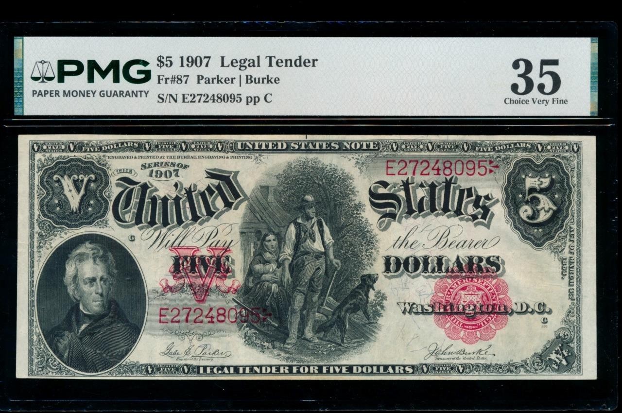 AC Fr 87 1907 $5 Legal Tender PMG 35