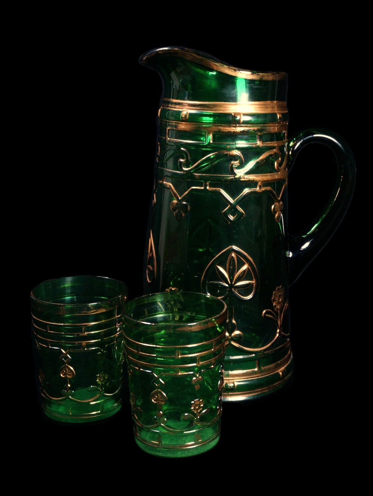 Antique Dugan Glass EAPG Emerald Green & Gold Pitcher w/ 2 Glasses - RARE (R) Antique Dugan Glass EAPG Emerald Green & Gold Pitcher w/ 2 Glasses - RARE (R)