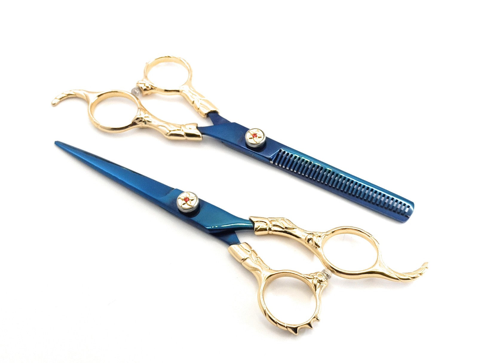 Professional Hair Cutting Scissors & Thinning Shears Set Blue with Gold Handle