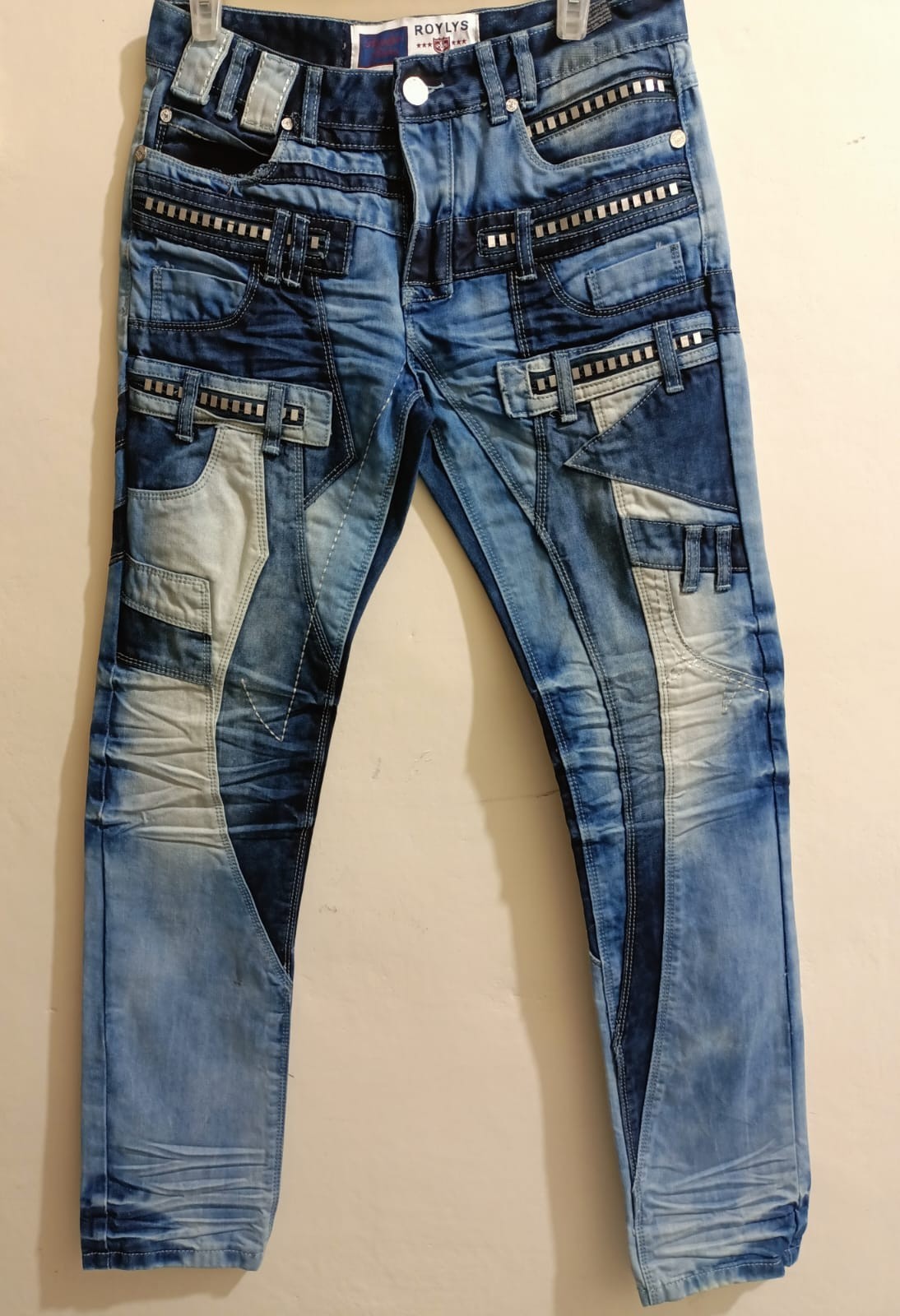 ROY LYS Blue Designer Biker Jeans Men’s Size 30 Multi Pocket Cargo Denim