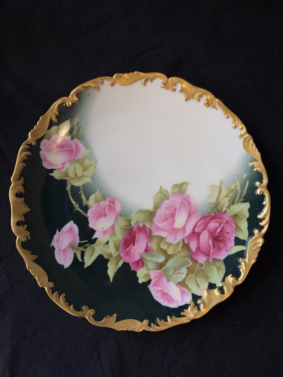Antique Limoges TV France Hand Painted Cabinet Plate Signed Rozy Pink Roses Gilt