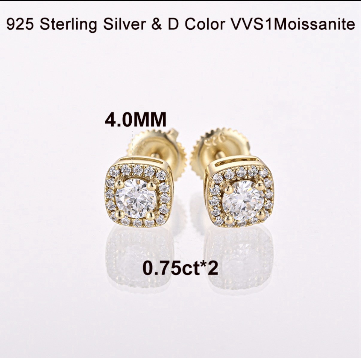0.75CT Cushion Cut Moissanite Halo Stud Earrings D VVS 10k gold over 925 Silver 0.75CT Cushion Cut Moissanite Halo Stud Earrings D VVS 10k gold over 925 Silver