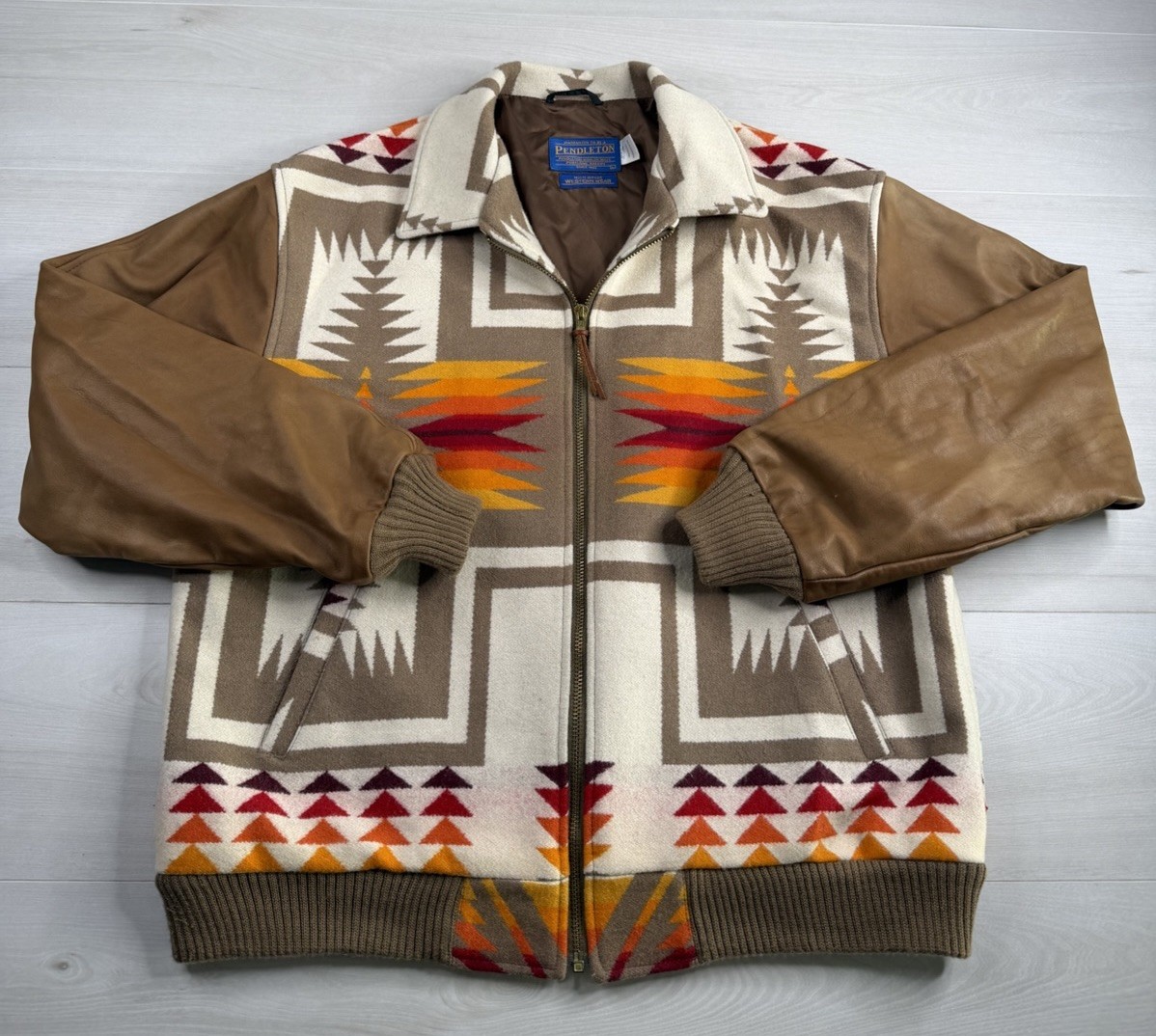 Vtg Pendleton High Grade Western Jacket Chief Joseph Aztec Leather Wool 80s L Vtg Pendleton High Grade Western Jacket Chief Joseph Aztec Leather Wool 80s L