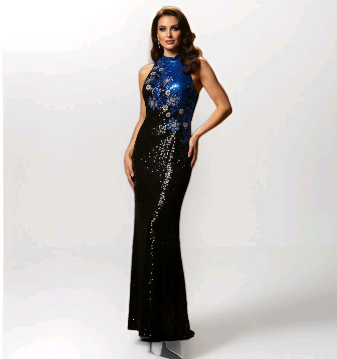 Vtg 80s 90s Alyce Designs Beaded Sequin Halter Gown Dress Formal size 4 BodyCon