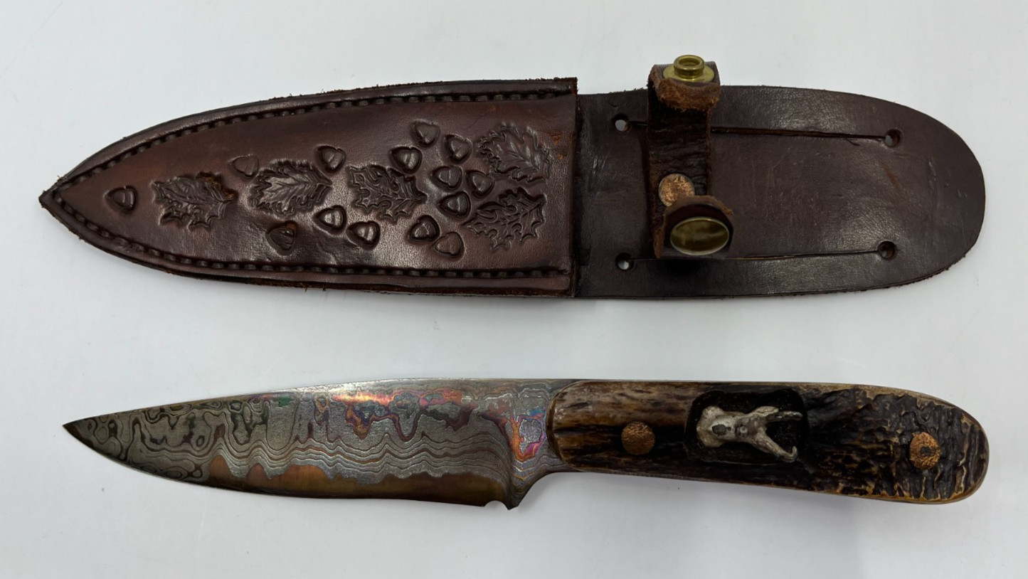 Handmade Copper Damascus Fixed Blade Hunting Knife Stag Handle Leather Sheath 9