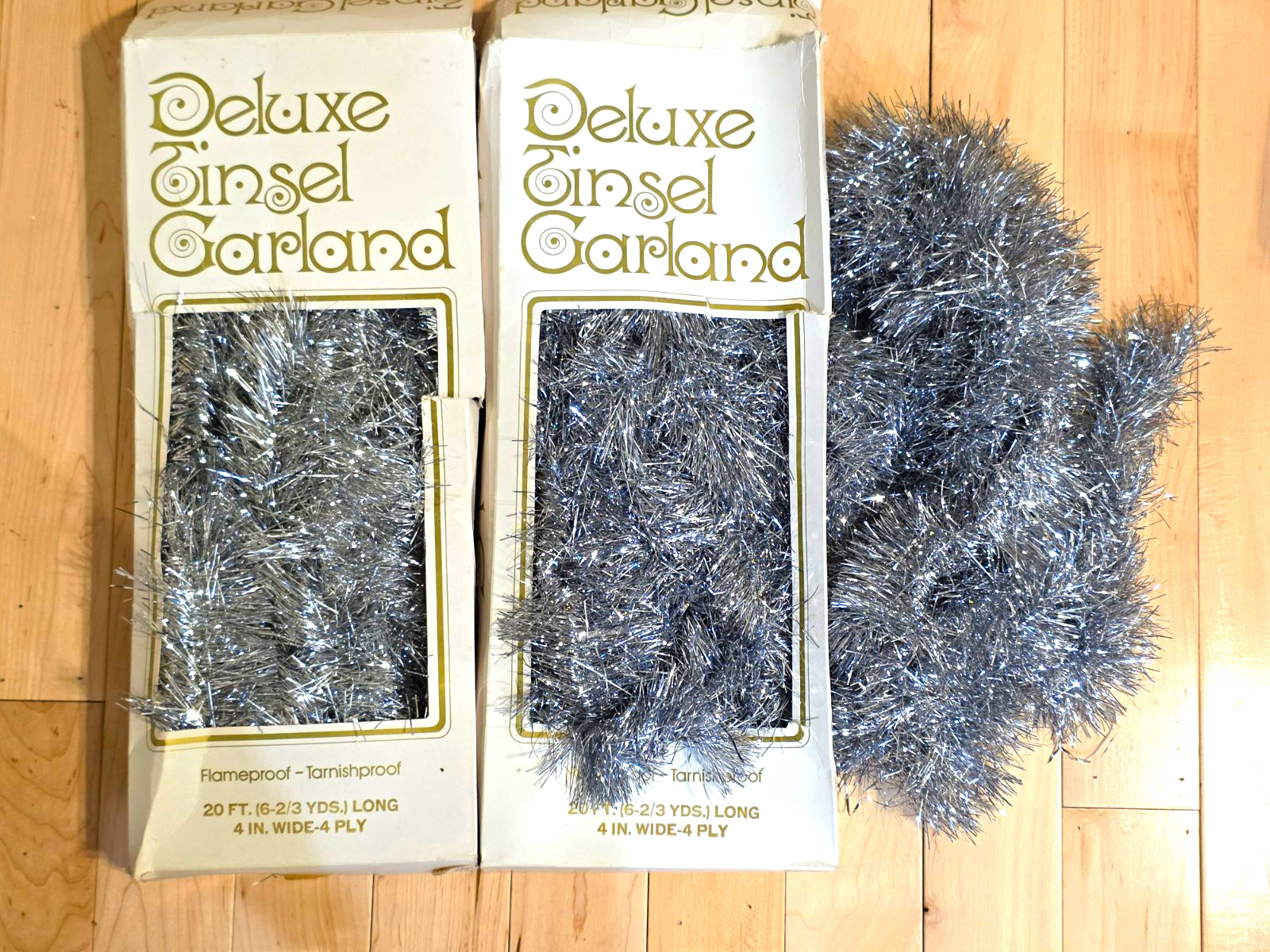 Lot of 3 Vintage Doubl-Glo Silver Tinsel Garland Deluxe Christmas Decor 2 In Box