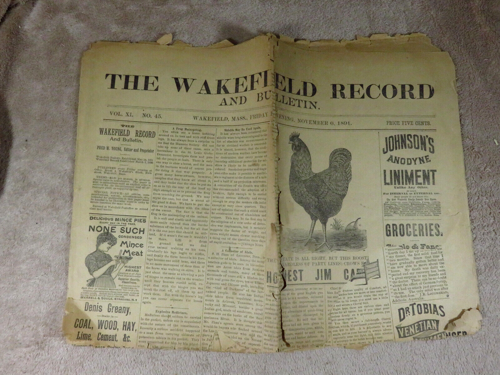 Vtg. 1891 ORIGINAL Newspaper THE WAKEFIELD Ma. RECORD Old Ephemera Vtg. 1891 ORIGINAL Newspaper THE WAKEFIELD Ma. RECORD Old Ephemera