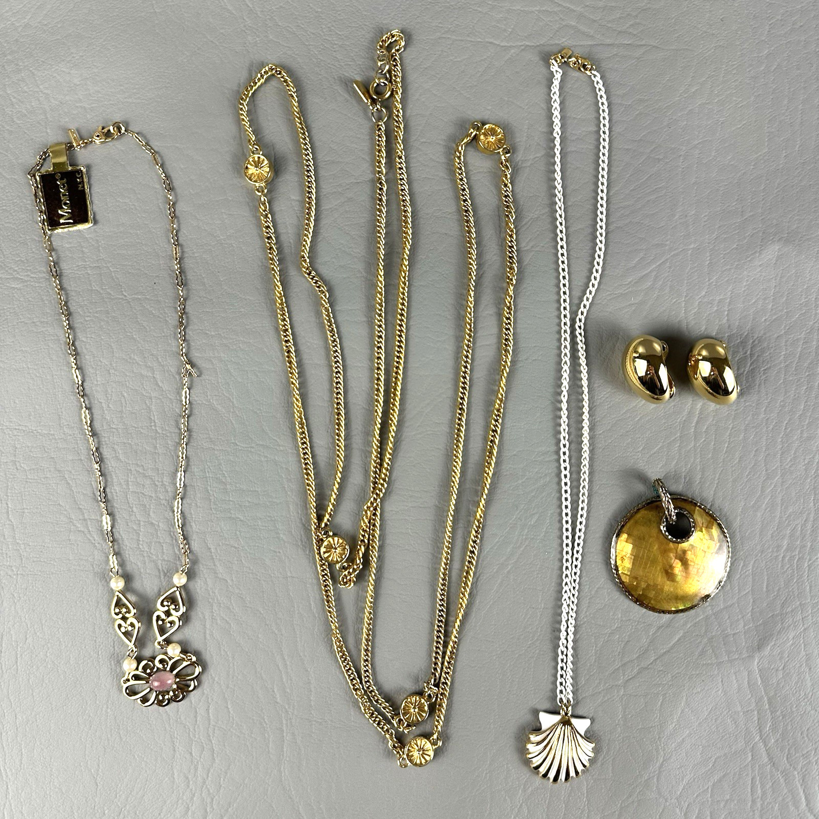 Vintage Monet Jewelry Lot Necklaces Clip Earrings Gold Tone Shell Pendant Vintage Monet Jewelry Lot Necklaces Clip Earrings Gold Tone Shell Pendant