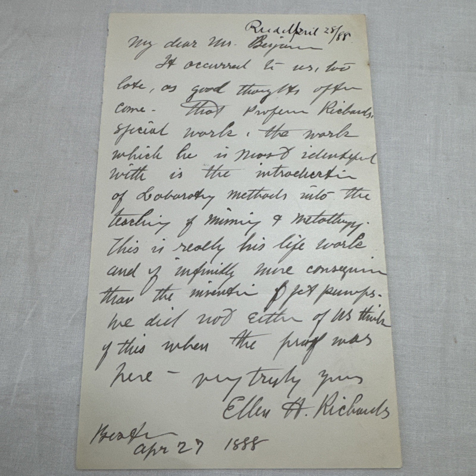 1888 Ellen Swallow Richards Signed Letter MIT First Woman Scientist Chemistry