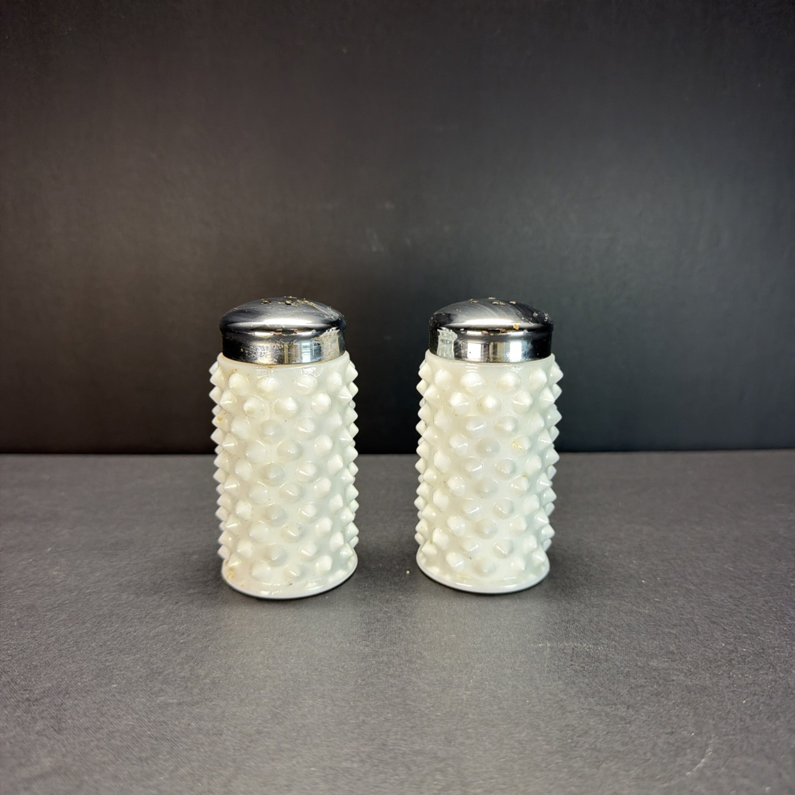 Vintage FENTON Hobnail Milk Glass SALT & PEPPER Shakers, Chrome Lids, 3 Vintage FENTON Hobnail Milk Glass SALT & PEPPER Shakers, Chrome Lids, 3