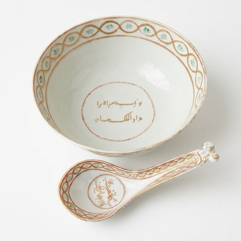 Antique Chinese Export Porcelain Bowl and Spoon for Islamic Market (1790-1820)