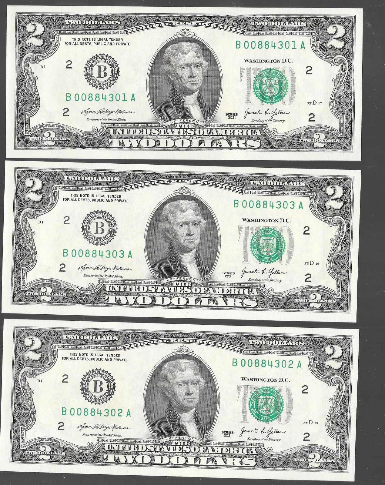 New 2021 New York $2 FRN (BA Block) Unc. Ungraded Single Note Low Serial Numbers