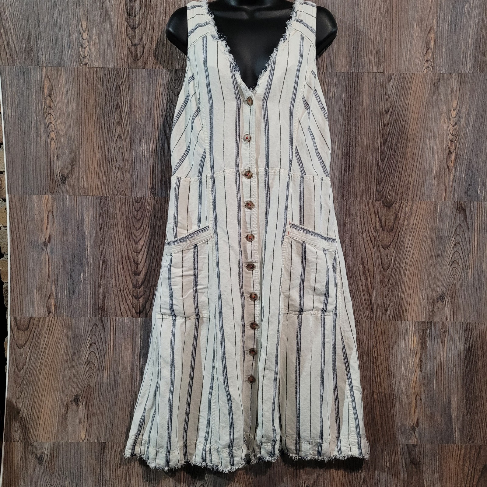Maeve by Anthropologie Leslie Textured Stripe Dress 16 Button Front Linen Blend