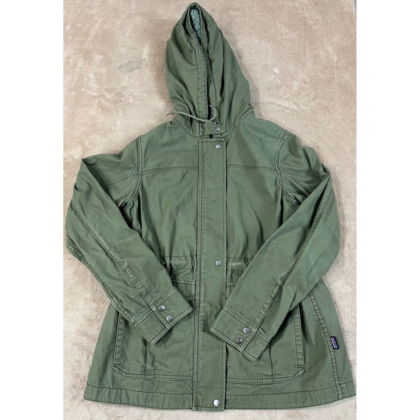 Patagonia Prairie Down Jacket Women\'s Large Green Hoodie Organic Cotton L/S EUC