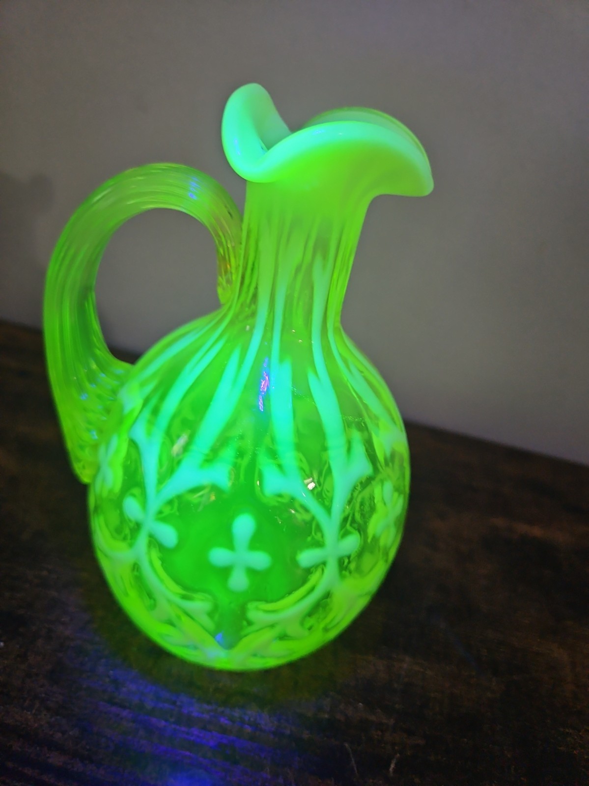 Vintage Fenton Vaseline Cruet Uranium Art Glass Pitcher Vintage Fenton Vaseline Cruet Uranium Art Glass Pitcher