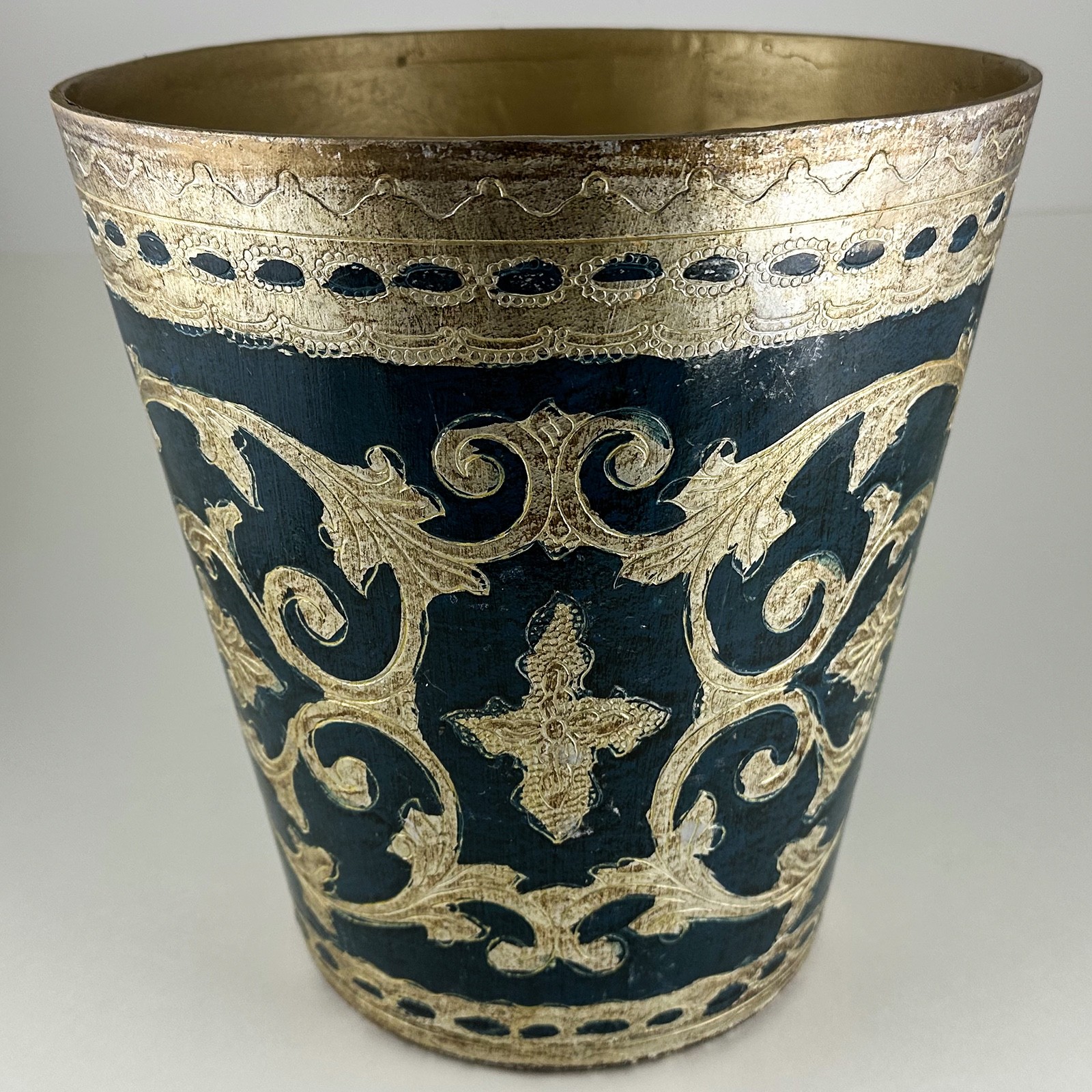 Vintage Italian Florentine Gold / Silver Gilt Blue Green Fleur-de-lis Waste Can