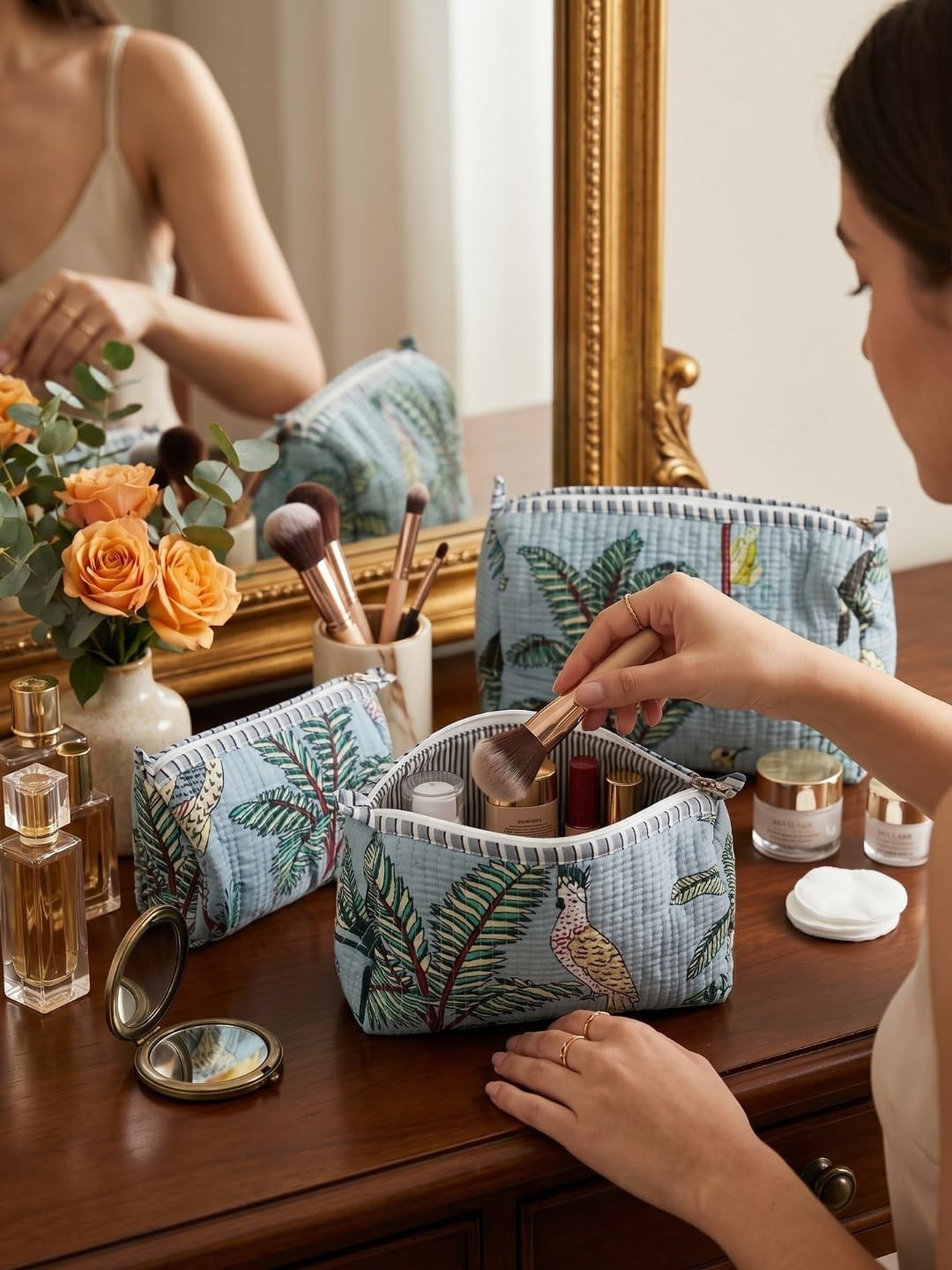 Indian Grey Animal Bird Print Cotton Quilted Toiletry Cosmetic Storage Bag 3 Pc