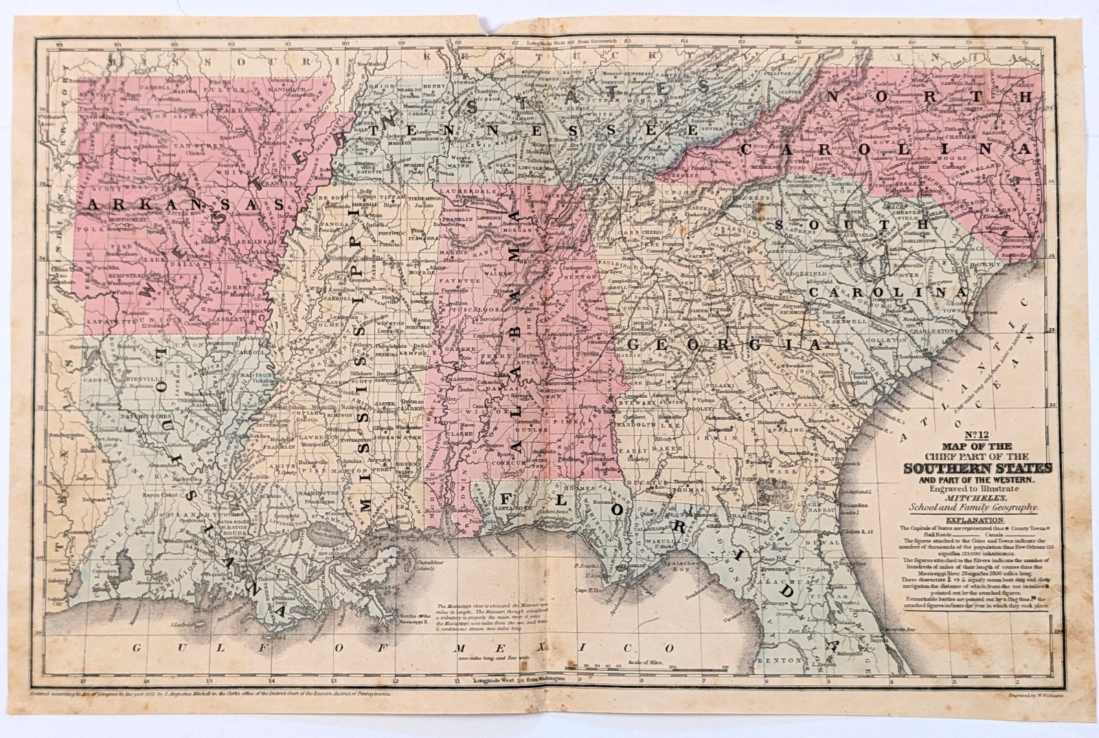 1852 Map Georgia Tennessee Florida South Carolina Alabama Mississippi Louisiana