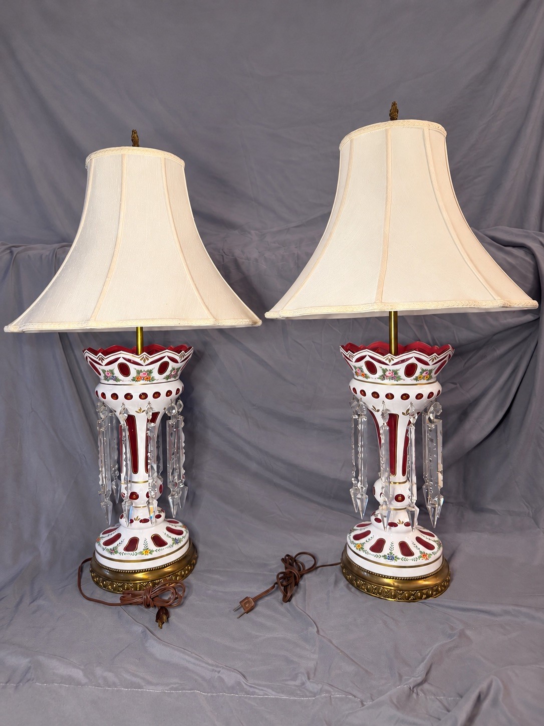 2 ANTIQUE Bohemian Chrystal PINK AND WHITE GLASS PRISM LAMPS