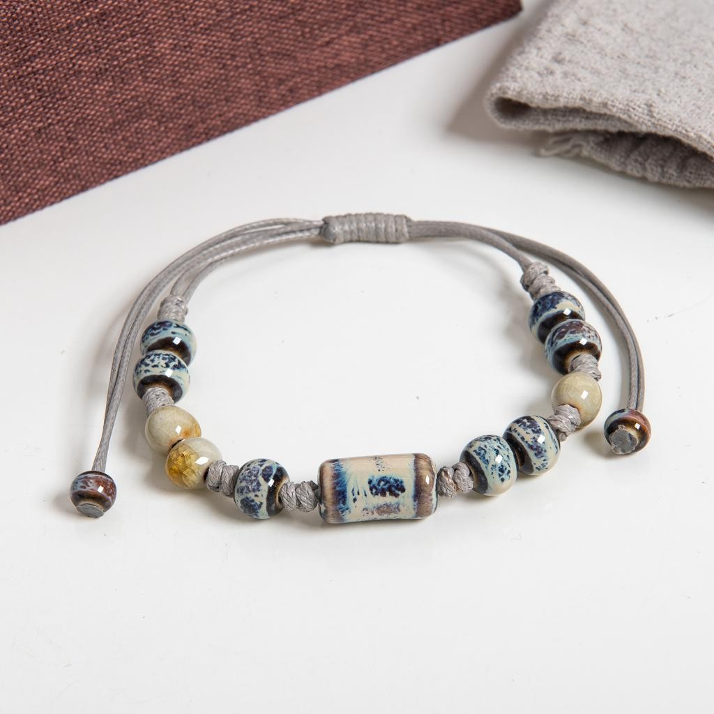 Handmade Blue Ceramic Bead Rope Bracelet Adjustable Vintage Ethnic Jewelry Handmade Blue Ceramic Bead Rope Bracelet Adjustable Vintage Ethnic Jewelry