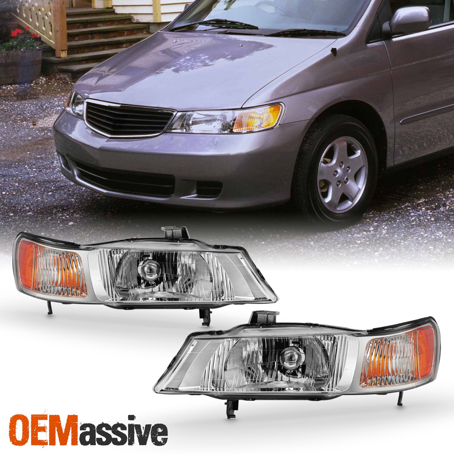 For 1999-2004 Honda Odyssey [Halogen Type] Chrome Headlights Pair Left+Right