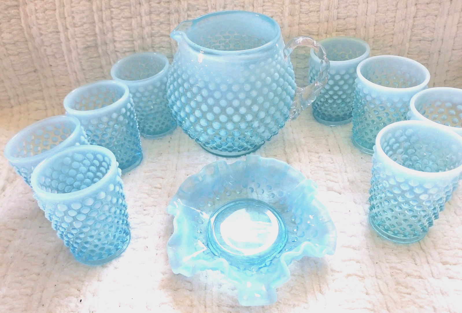 Fenton Hobnail Opalescent Blue, Pitcher & 8 Juice Glasses With Candy Dish Fenton Hobnail Opalescent Blue, Pitcher & 8 Juice Glasses With Candy Dish
