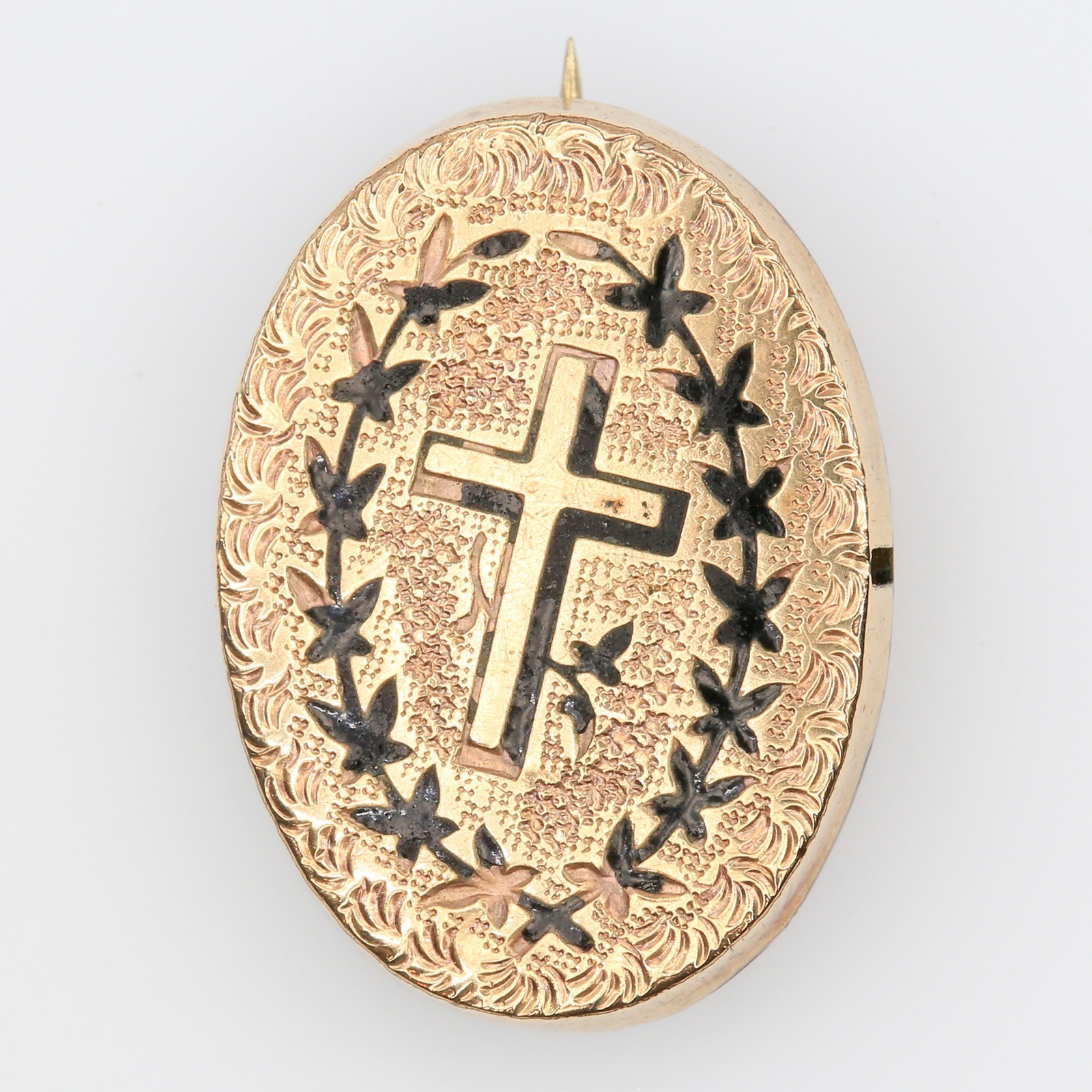 Antique Victorian Mourning Brooch Gold Filled Taille d'Epargne Cross Enamel 1860