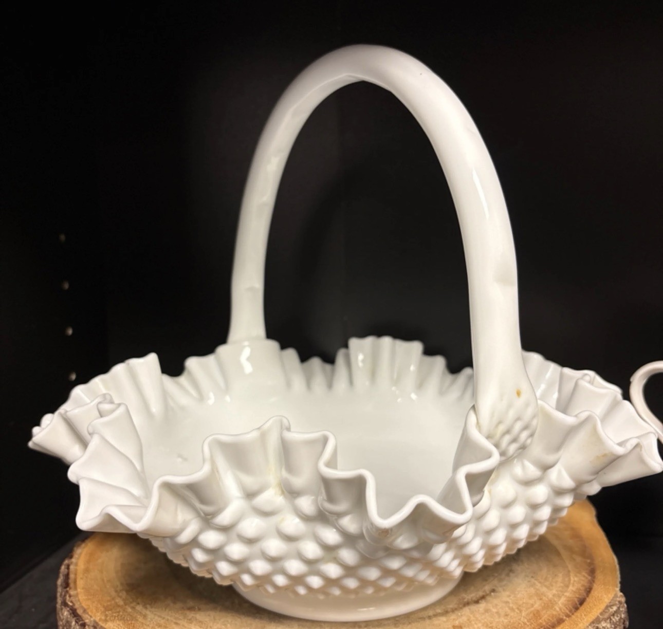 10in vintage Fenton hobnail milk glass basket