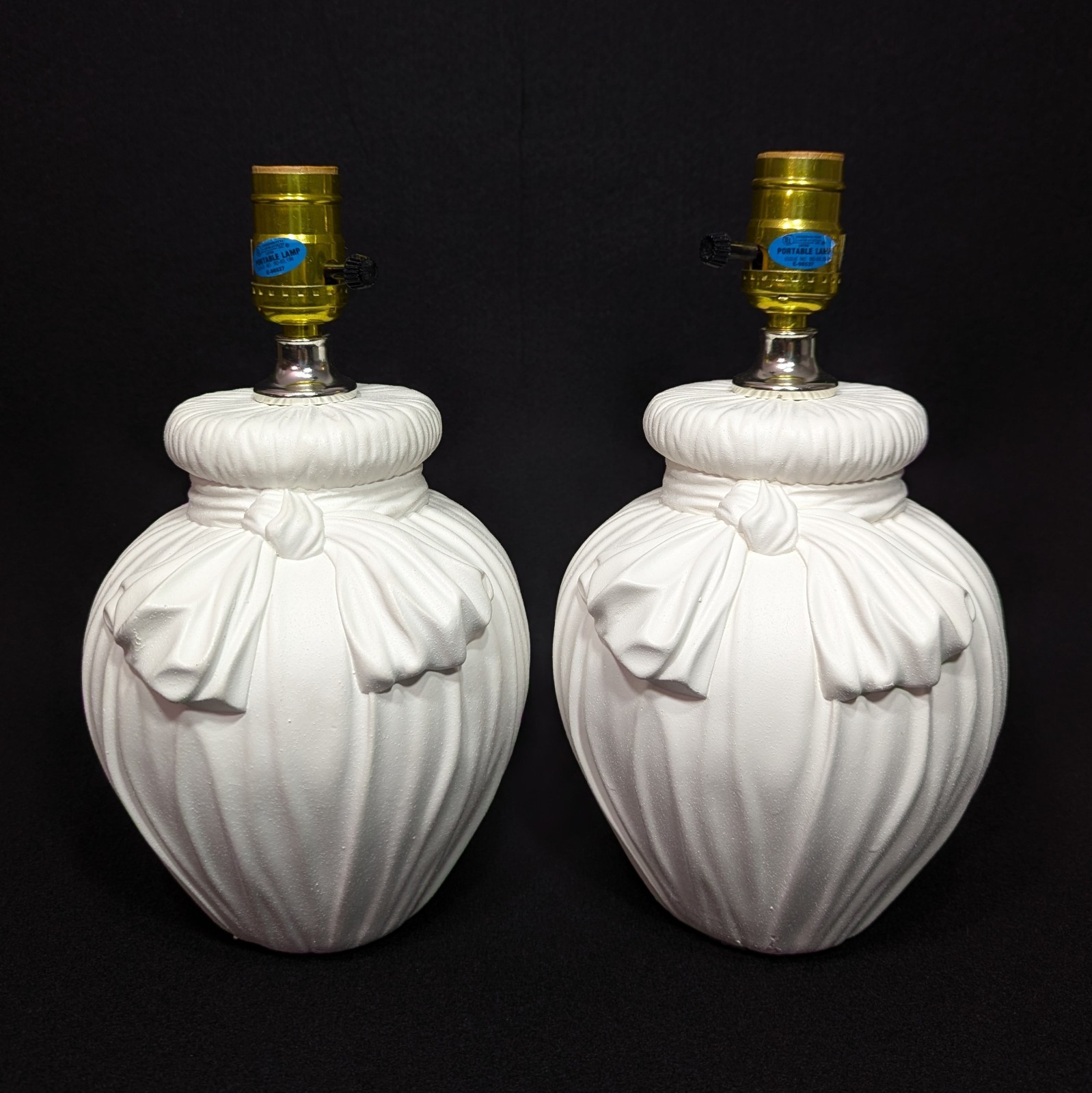 Vintage Lamp Plaster Drapery Bow White Pair Hollywood Regency French Country 12\ Vintage Lamp Plaster Drapery Bow White Pair Hollywood Regency French Country 12\